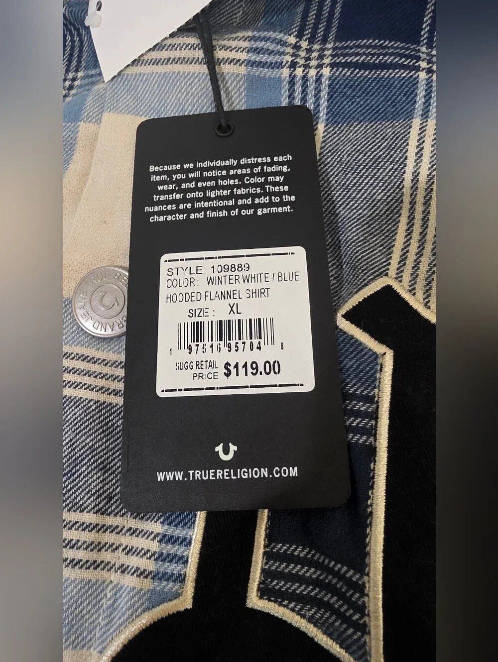 $119 True Religion Mens hooded flannel shirt